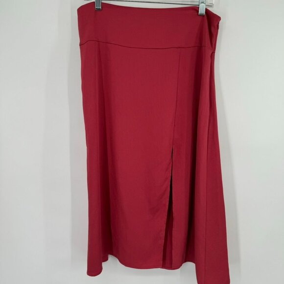 Express Red Midi Skirt Womens Size large High Waist Slit satin formal career new - Picture 2 of 9
